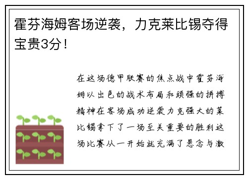 霍芬海姆客场逆袭，力克莱比锡夺得宝贵3分！