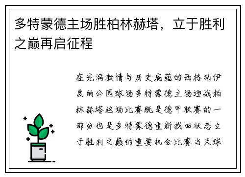 多特蒙德主场胜柏林赫塔，立于胜利之巅再启征程