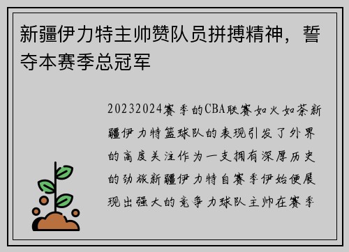 新疆伊力特主帅赞队员拼搏精神，誓夺本赛季总冠军