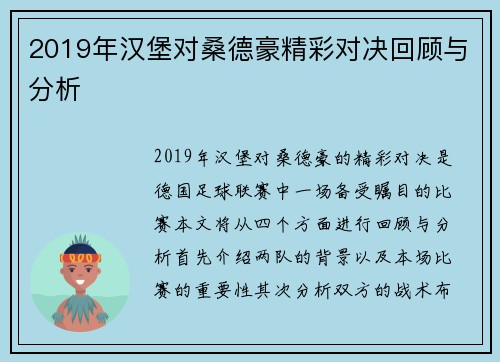 2019年汉堡对桑德豪精彩对决回顾与分析