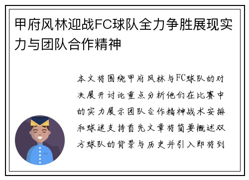 甲府风林迎战FC球队全力争胜展现实力与团队合作精神