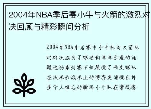 2004年NBA季后赛小牛与火箭的激烈对决回顾与精彩瞬间分析