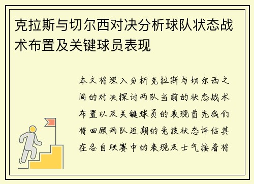 克拉斯与切尔西对决分析球队状态战术布置及关键球员表现