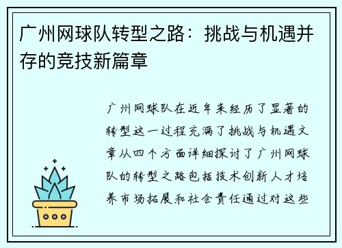 广州网球队转型之路：挑战与机遇并存的竞技新篇章