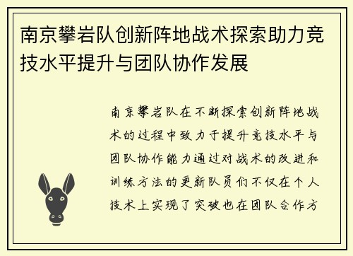 南京攀岩队创新阵地战术探索助力竞技水平提升与团队协作发展