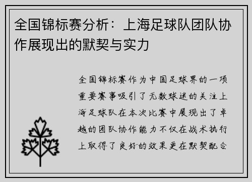 全国锦标赛分析：上海足球队团队协作展现出的默契与实力